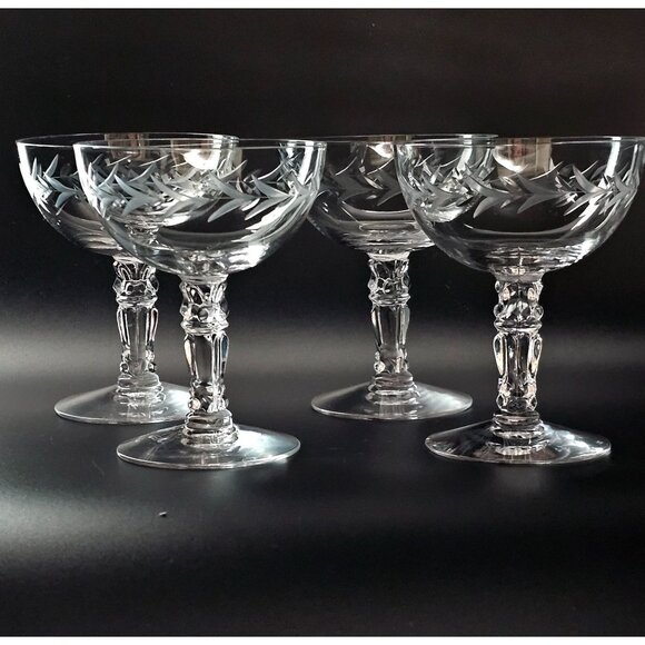 4 Fostoria Laurel Holly Champagne Coupes Glasses 4.5" dessert blown glass cut gl - Picture 1 of 8